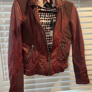Doma Leather Moto-Style Jacket Small Brandy Wine